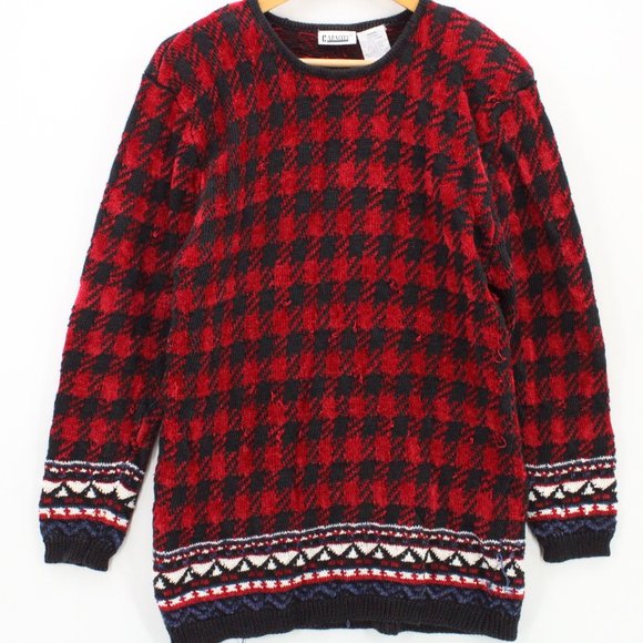 Vintage Capacity Sweater Womens Red Plaid Pullover Long Sleeve Knit Medium M - Picture 1 of 8